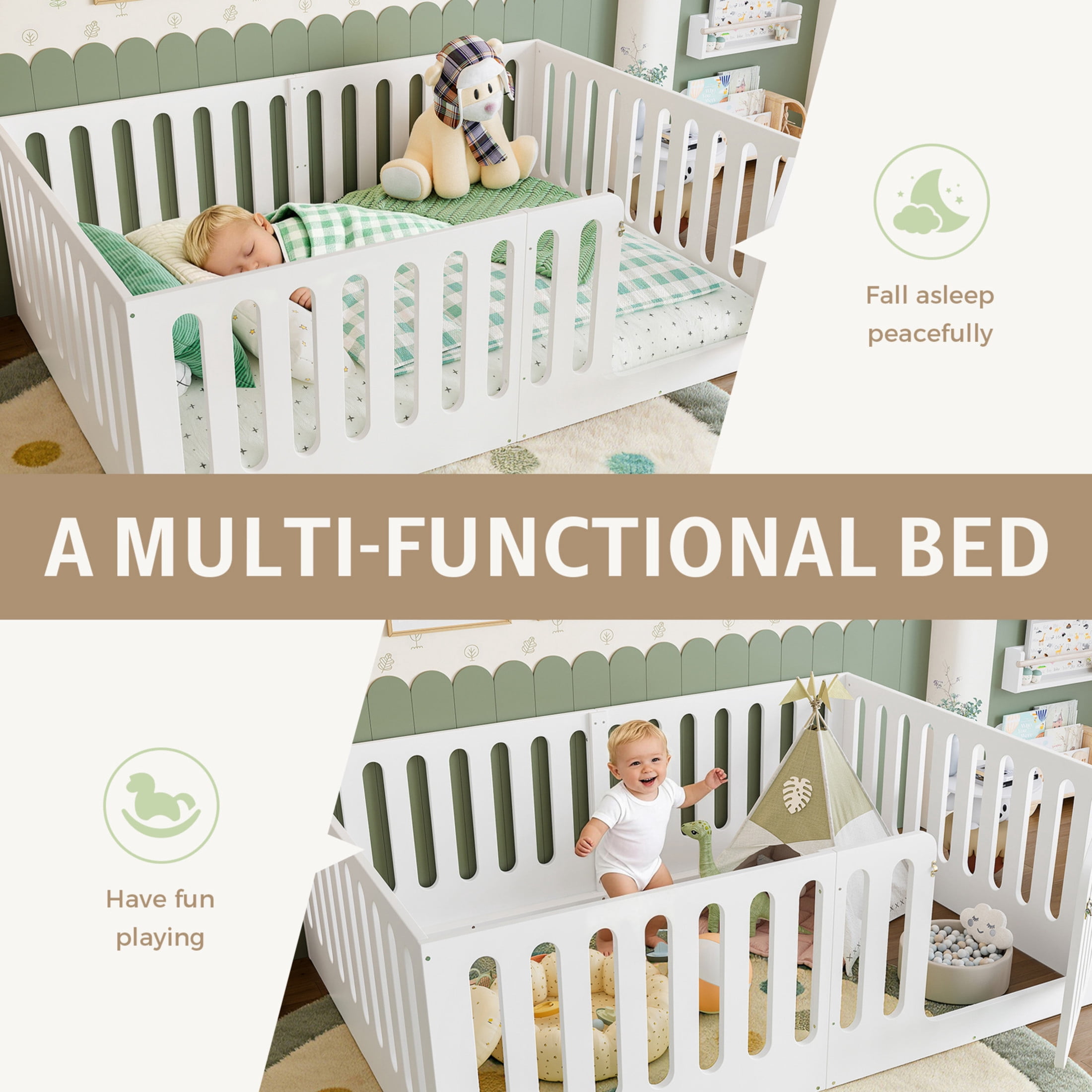 Noble House Full Size Montessori Floor Bed with High Fence, Solid Wood Kids Bed Frame, White