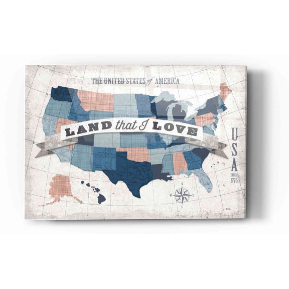 Epic Art 'USA Modern Vintage Blue Grey Red with Words' by Michael Mullan, Acrylic Glass Wall Art, 16"x24"