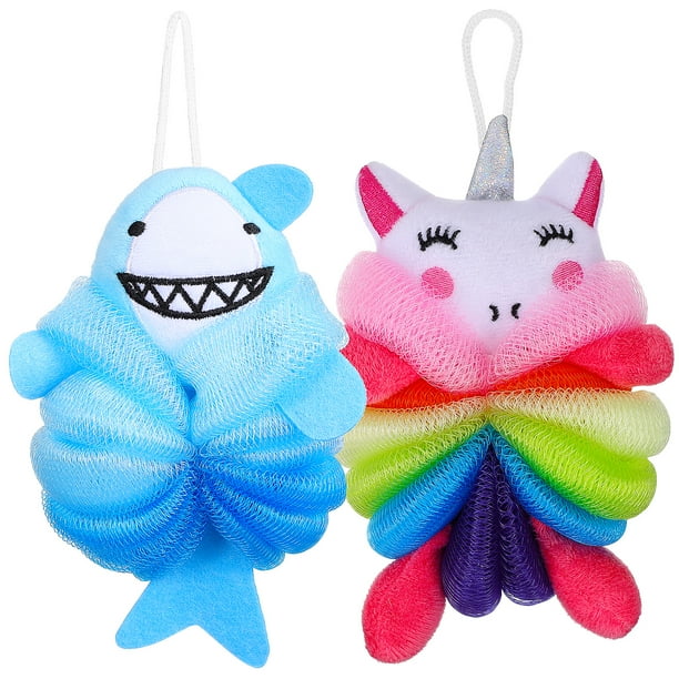 2 esponjas exfoliantes para ducha y baño con diseño de tiburón y unicornio para niños.