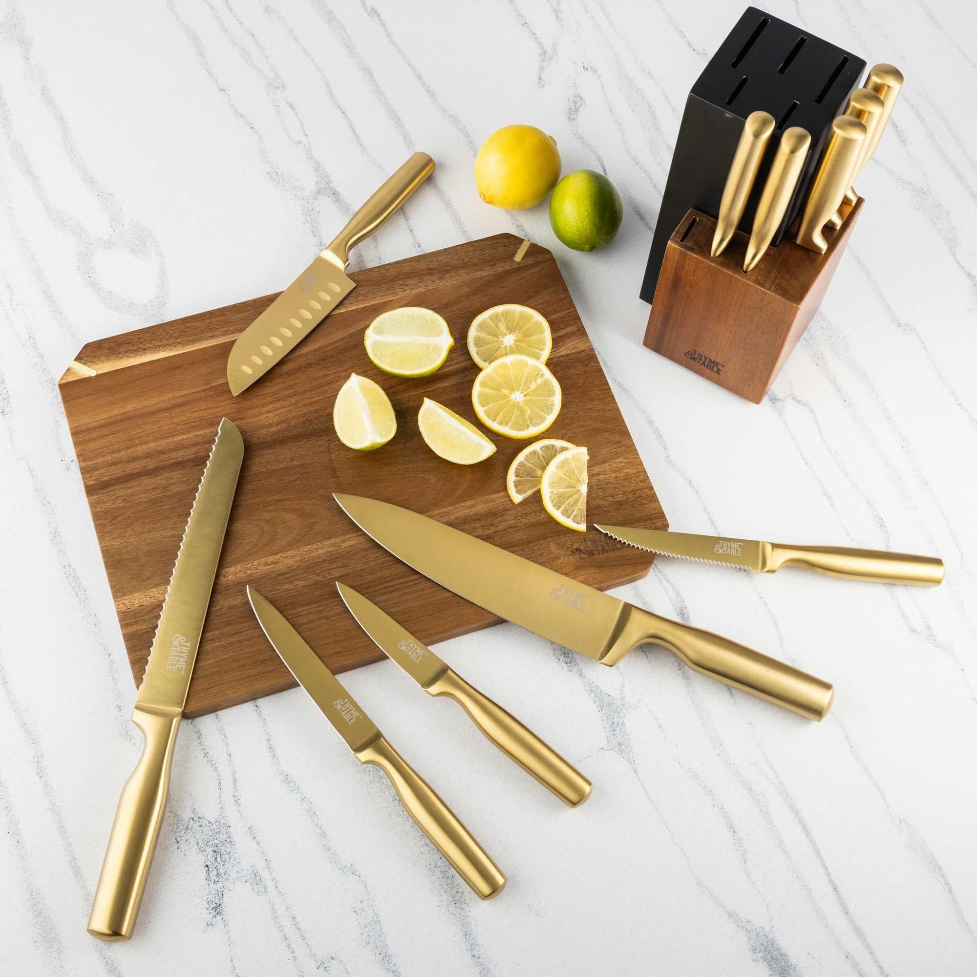Thyme & Table 12-Piece Acacia Wood & Gold Knife Block Set