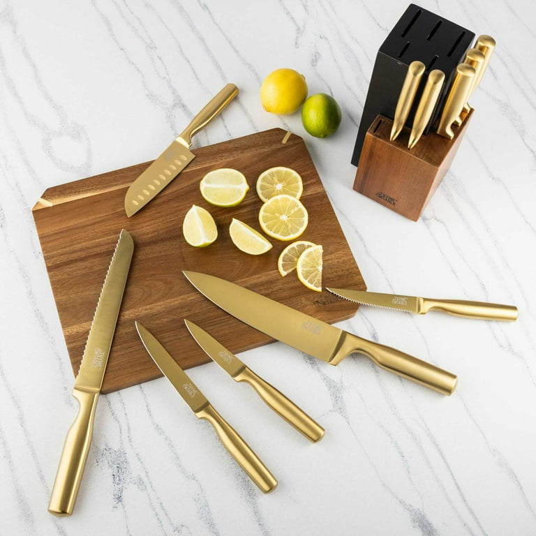 Thyme & Table 12-Piece Acacia Wood & Gold Knife Block Set