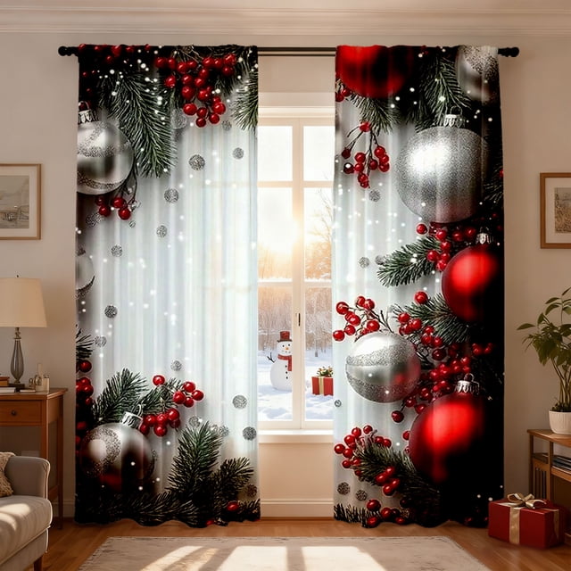 Oliegs Bas de Noël Rideaux Imprimés de Fête 2 Pcs de Rideaux Plats 2D Imprimés Rouges avec Flocon de Neige et Motifs Convenant à la Chambre et au Salon Couverture Chauffante