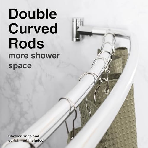 Double Curved Shower Rod, Metal Construction, Adjustable Between 44 to 70 Inches, Aluminum Rods and Zinc Mounting Hardware, Quality Modern Bathware, Chrome Finish