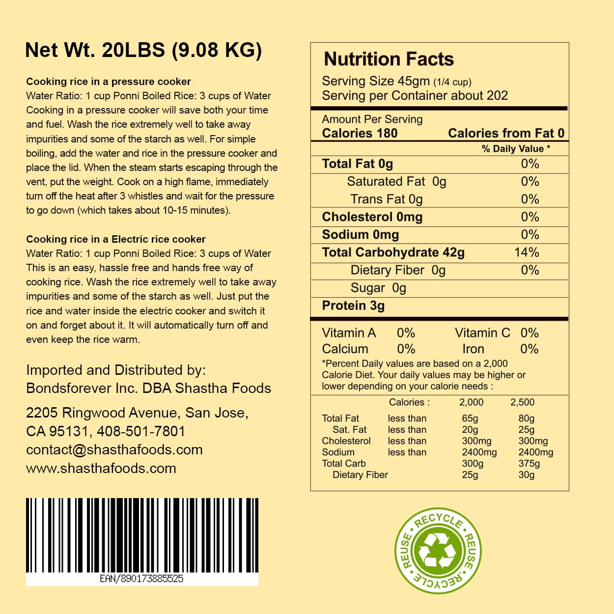 Shastha Foods Ponni Boiled Rice, Traditional White Rice, Gluten-Free, 20 lb, pack of 1