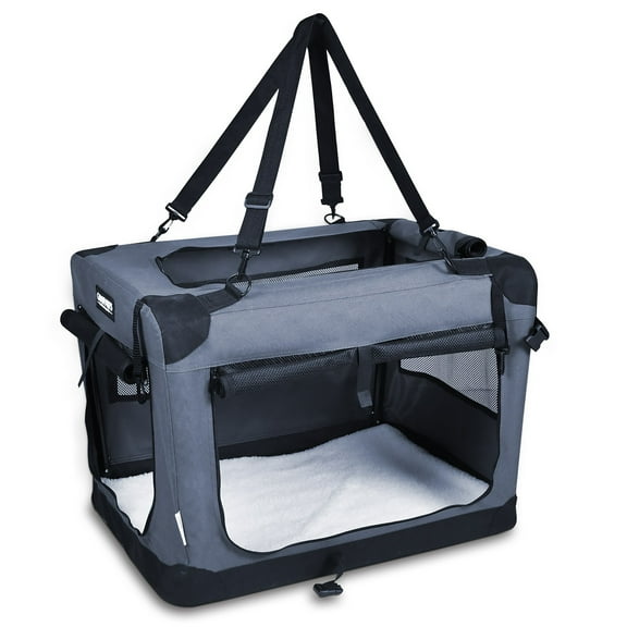 JESPET & GOOPAWS: 27" Soft Pet Crate - Grey - Dogs & Cats Up to 35 lbs, 3 Door Folding Kennel, Indoor Outdoor Travel Carrier, Mesh Windows, Fleece Mat