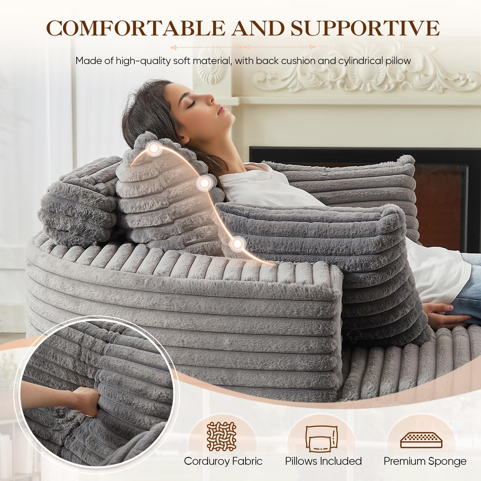 Aukfa 55" Oversized Round Chaise Lounge Chair Indoor, Corduroy Upholstered Sleeper Chair with Deep Seat & Pillows, Gray