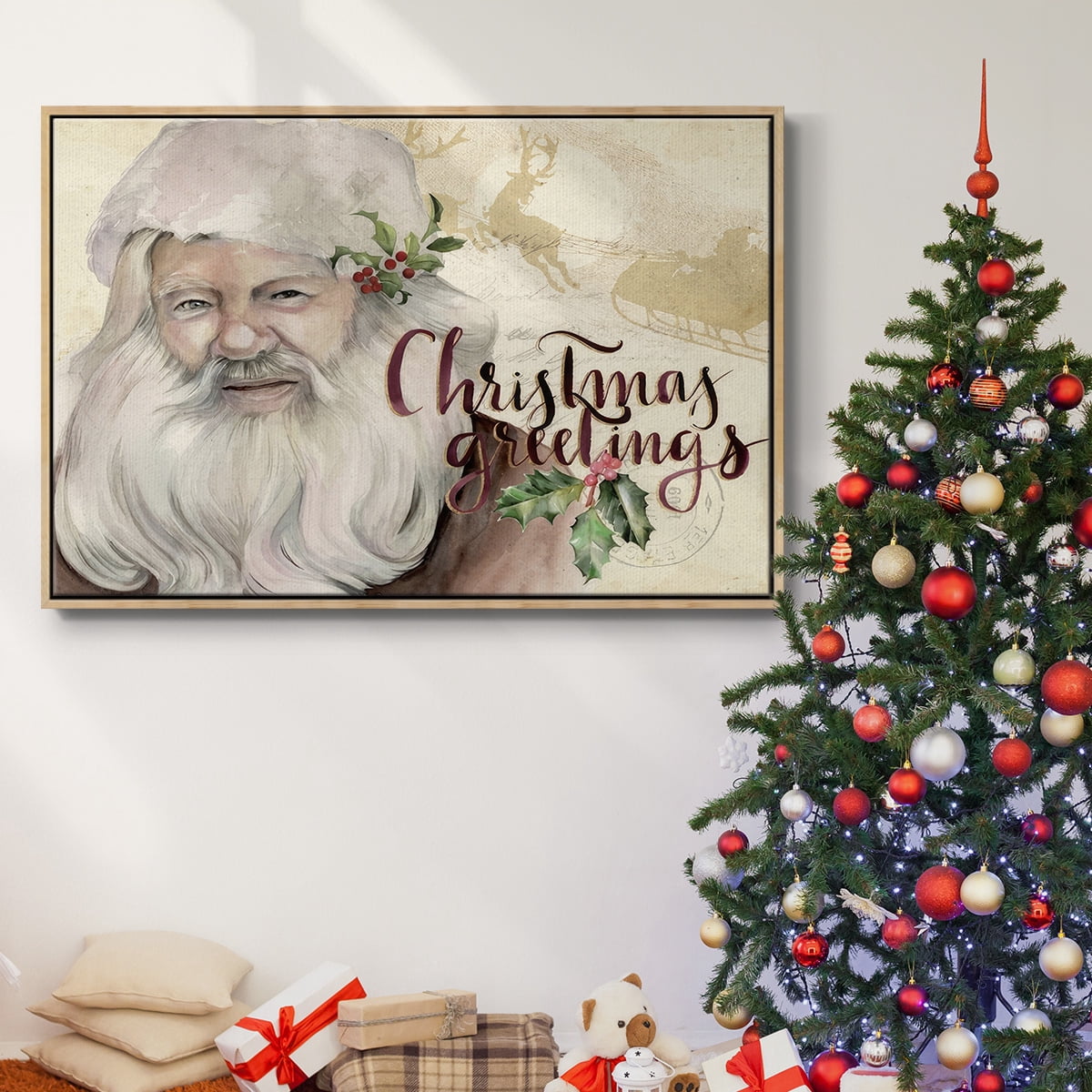 Christmas Greetings Collection A - Framed Gallery Wrapped Holiday Canvas - 17 x 25 - Natural Wood Frame