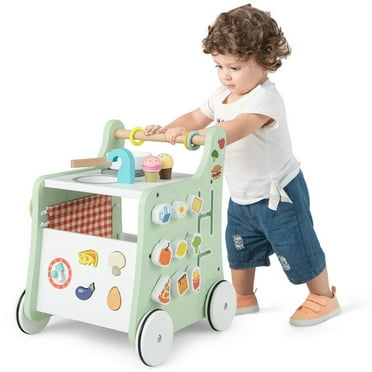 Canddidliike 6-in-1 Wooden Baby Stroller with Play Kitchen for Kids Ages 1 , Activity Walker, Fun Toys for Baby, Great Gift for Children, Green