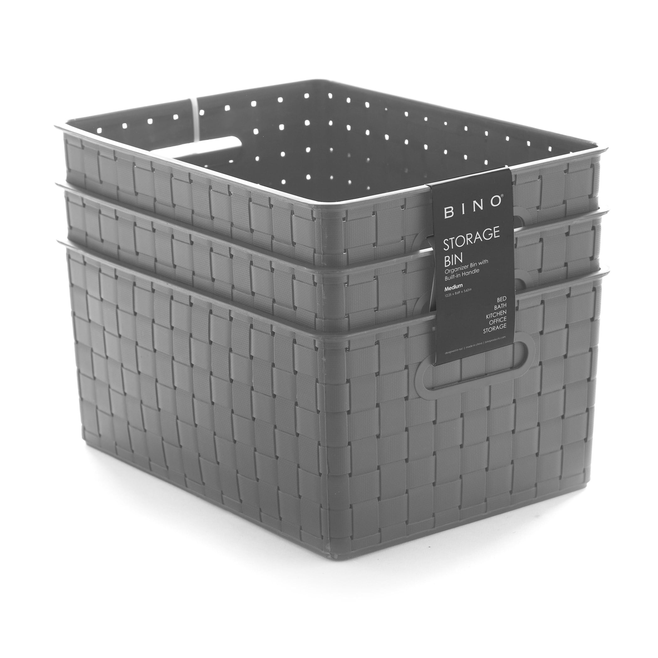 BINO Woven Plastic Storage Basket, Medium 3 PACK (Grey)