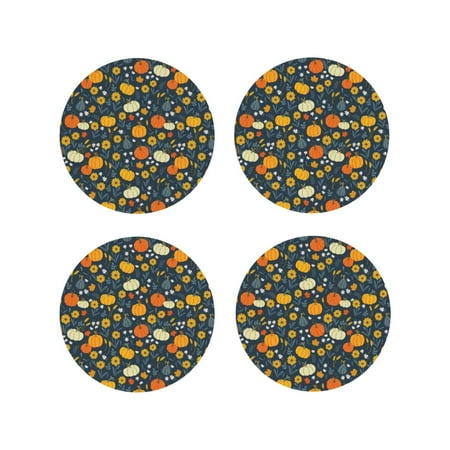 

Fuzoiu Pumpkins And Sunflowers2 Print Leather Coasters Set Drink Coasters Set of 4 for Tabletop Protection Durable PVC Coasters Home Décor and Housewarming Gift-Round Shape