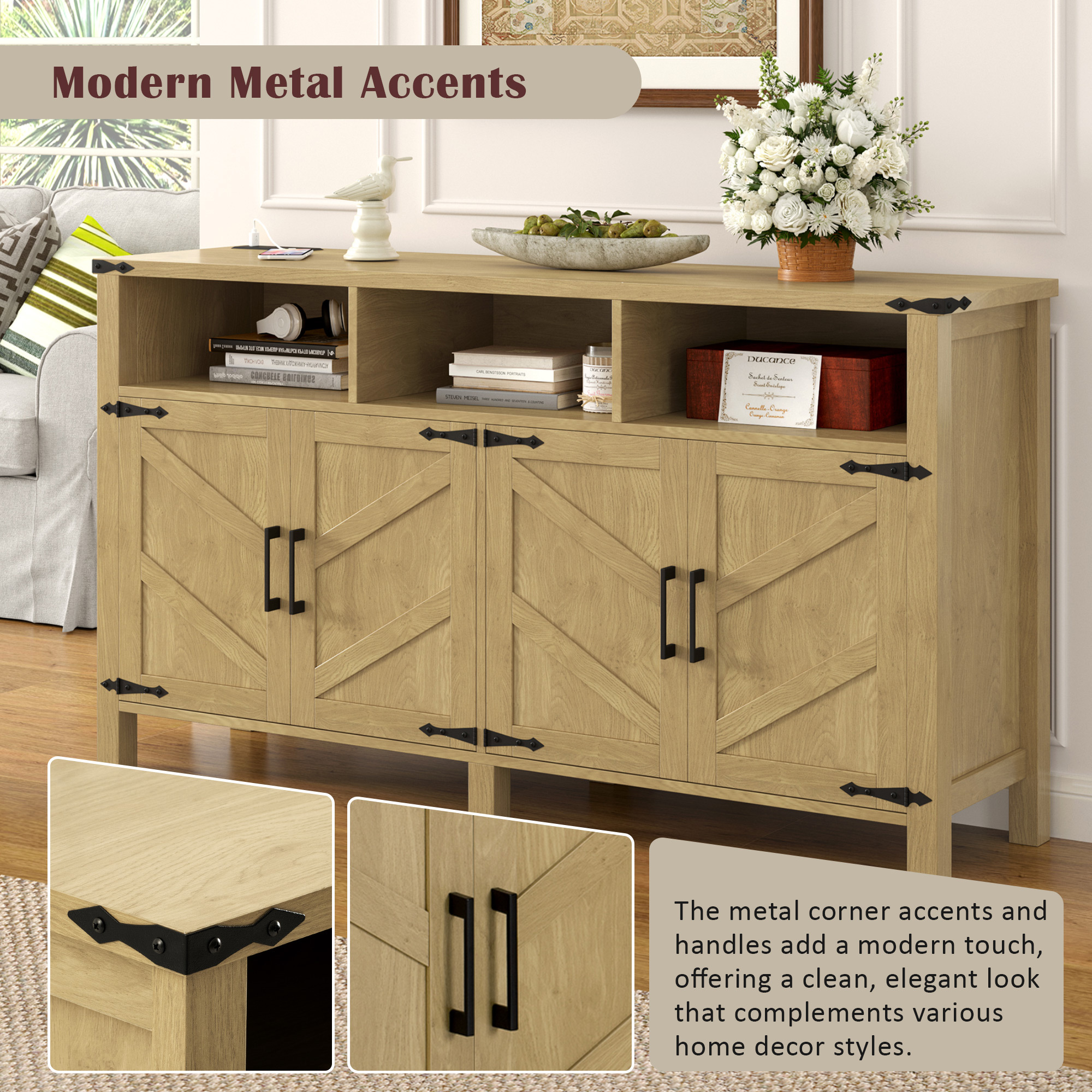 Euroco 59" Large Sideboard Buffet Cabinet with Storage, Wood Coffee Bar Station with Charging Station,Adjustable Shelves and Open Storage Shef for Living Room,Dining Room,Natural
