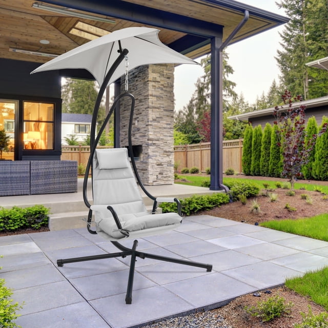 CorLiving Kingsley Steel Frame Outdoor Hammock Swing Chair with Cushioned Seat and Removable Canopy, Light Grey