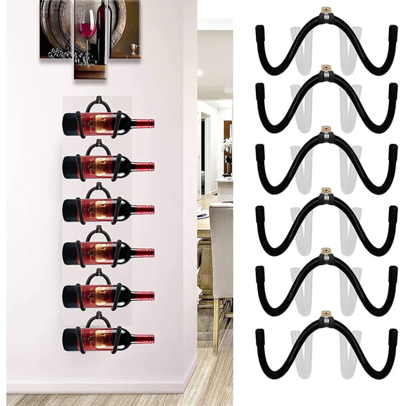Wine Wall Holder, 6 Pack Wall Mounted Wine Rack, Wine Bottle Display Holder Organizer for Wine Storage Wall Wine Theme Decor, Black (Horizontal Style)