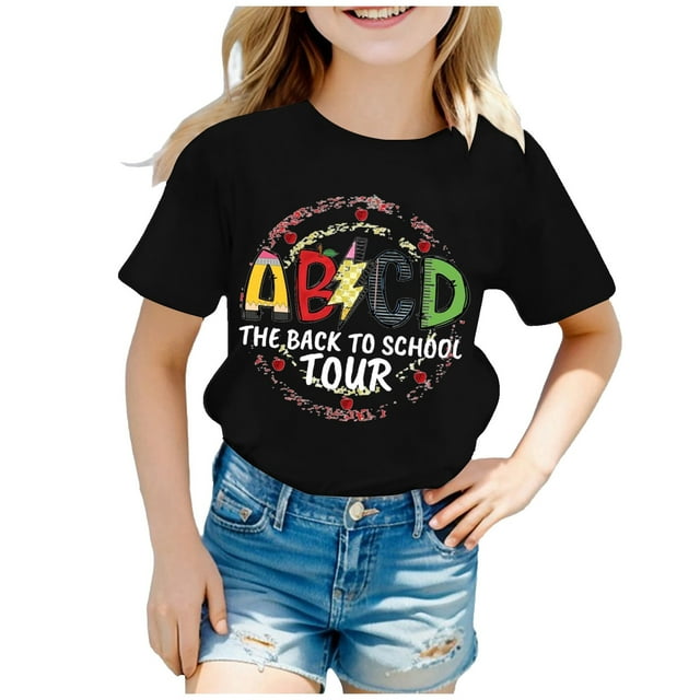 AWZXDE Hauts pour Filles Enfants Rentrée des Classes T-Shirt Graphique à Manches Courtes Col Rond Lumineux Confortable pour Garçons et Filles