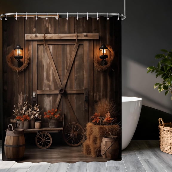Barn Door Shower Curtain Country Wooden Rustic Shower Curtains for Bathroom Decor Set Woods Farmhouse Bath Curtain, Waterproof with Hooks-36"W x 72"L (Pack of 1)