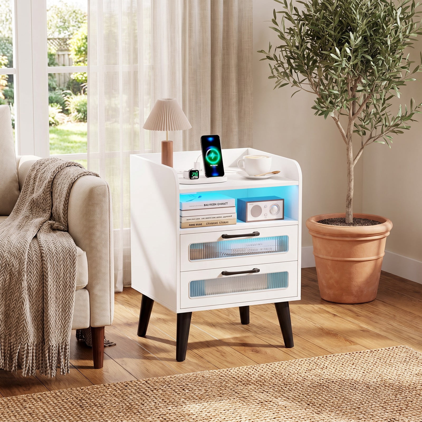 Furnibear Mid Century Nightstand with Charging Station and LED Lights, Bedside Table with 2 Drawers and Open Shelf for Bedroom, White