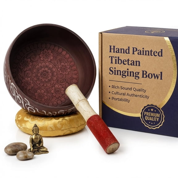 Store Indya Singing Bowl with Wooden Stick Mallet | Original Tibetan Singing Bowl | 7 Inch Hand Painted Singing Bowl for Chakra Healing, Yoga & Meditation