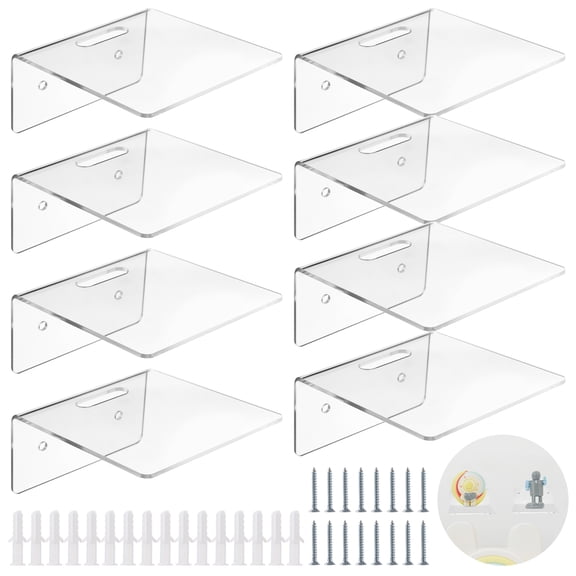8 Pcs Clear Acrylic Floating Shelves, Wall-Mounted Storage and Display Solutions, Small Display Ledges, Easy Install with Screws and Clips