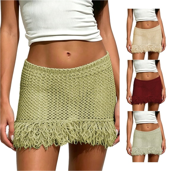 Unir Women All-Over Hollow Crochet Knit Fringe Mini Skirt Low Rise Elastic Waist Bodycon Beach Club Summer Bottom 1PC S-XL Plus Size Friendly