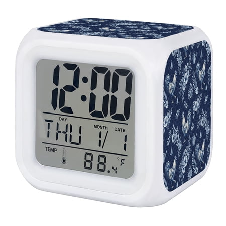 Navy Blue Rooster Digital Alarm Clock for Bedrooms, Smart LED Alarm Clock with 7 Color Changing Night Light, Farmhouse Floral Botanical Silent Wake Up Clocks for Sleep Study Cooking 3.2x3.2