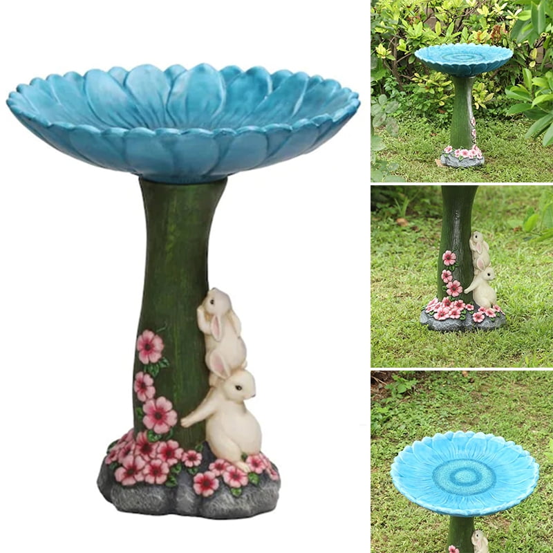Resin Standing Blue Sunflower and Rabbit Statue Outdoor Birdfeeder
