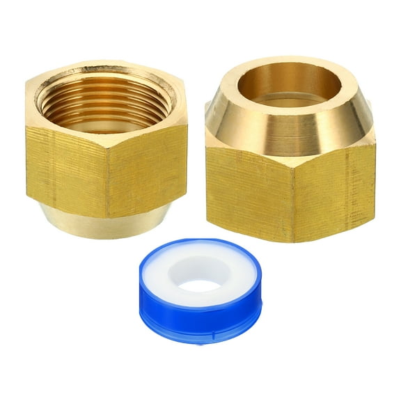 Uxcell 3/4 SAE Brass Flare Nut, 2 Pack 45 Degree Copper Flared Tube Fitting Brass Pipe Fitting Cap with Tape Glossy