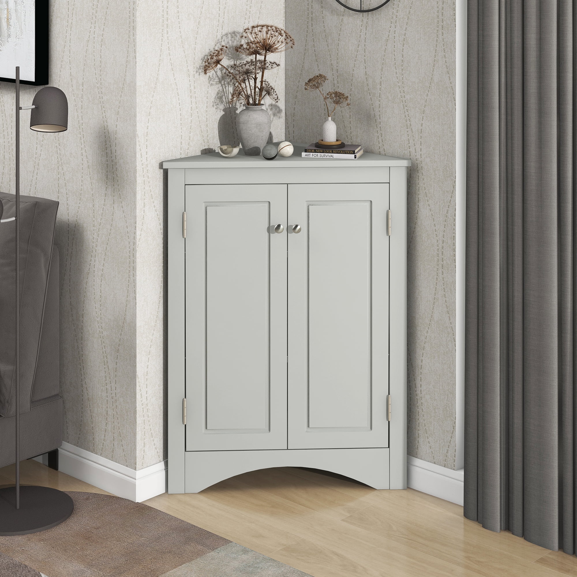 Euroco Triangle Bathroom Storage Cabinet with Adjustable Shelves, Freestanding Floor Cabinet for Home Kitchen