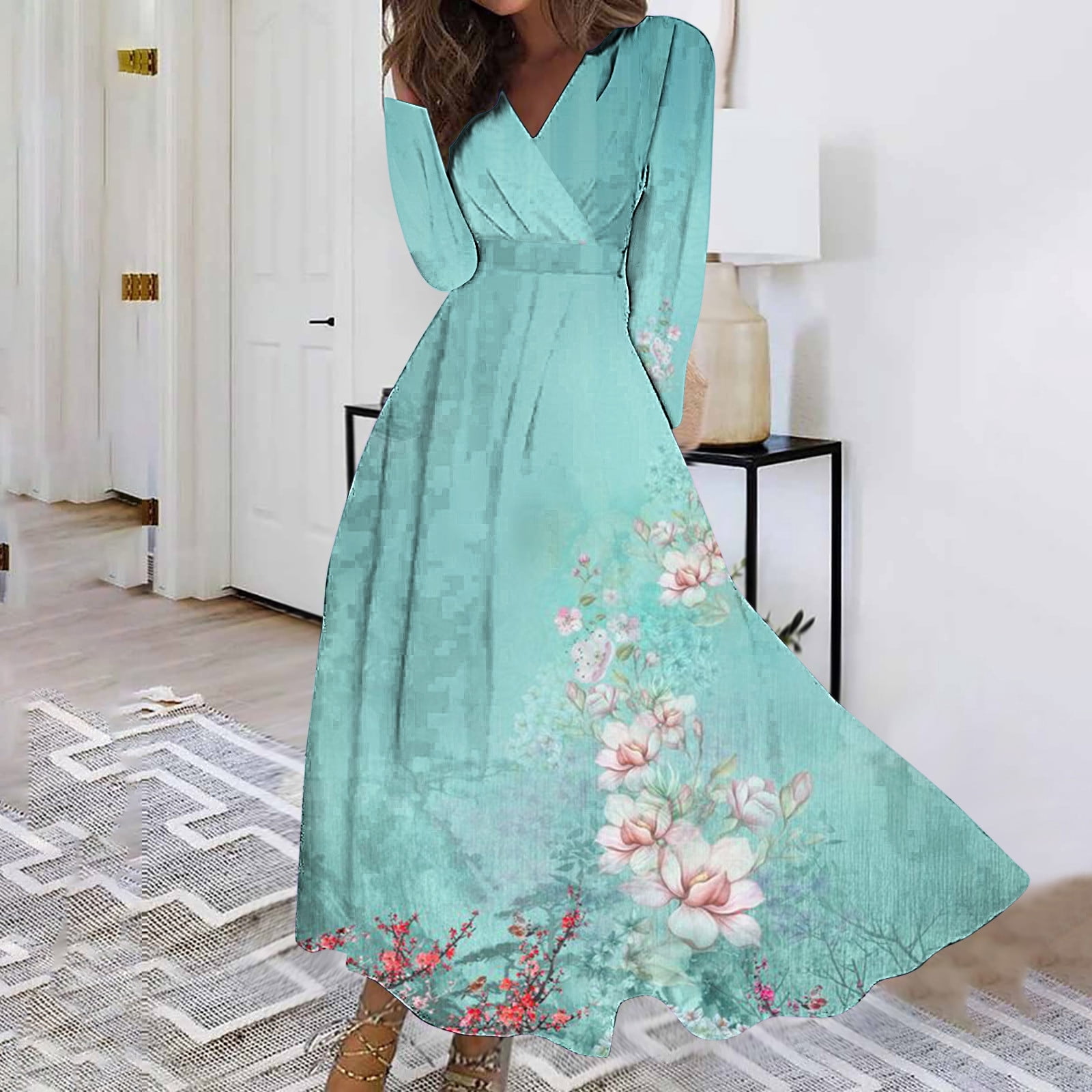 ZADORN Floral Maxi Dress – V‑Neck With Lantern Sleeves & Belt | Long Sleeve Evening & Casual Dress - View #11