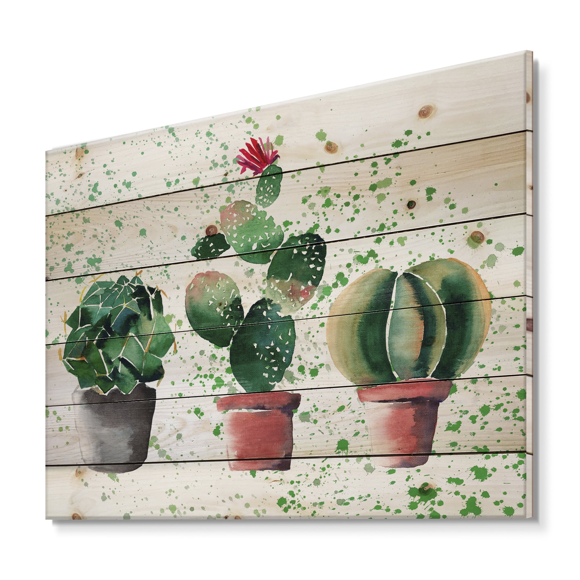 Designart 'Three Cacti In Clay Pots With Green Dots' Botanical Print on Natural Pine Wood