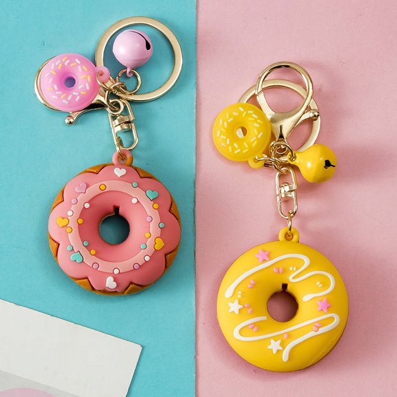 Donut Time Party Favors Donut Keychains 8 Pack With Thank You Kraft Tag Card and White Drawstring Pocket Bag for Kids Donut Theme Birthday Supplies Goodie Bags Gifts