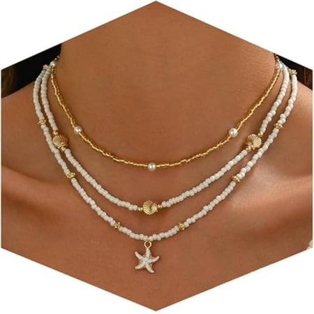 Shell Starfish Necklace for Women, 14k Gold Plated Boho Layered Beaded Charm Pendant Necklace, Dainty Adjustable Pearl Conch Summer Beach Vacation Jewelry Gifts