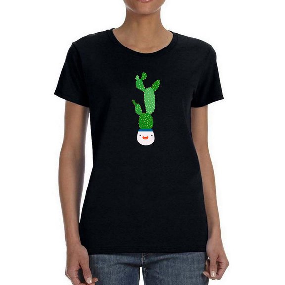 Cute Cartoon Smile Cactus Shaped T-Shirt Women -Image by Shutterstock, Female Large