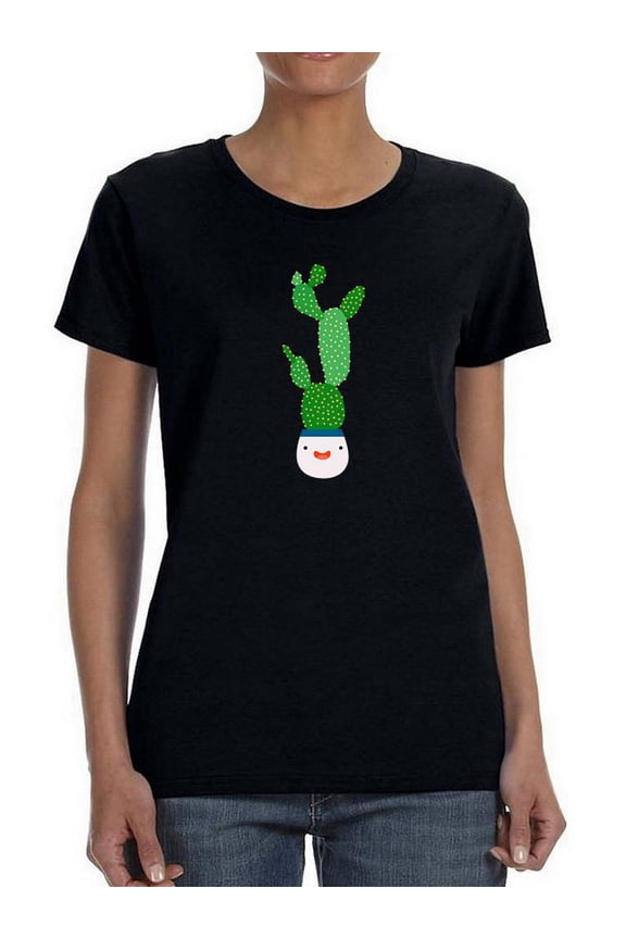 Cute Cartoon Smile Cactus Shaped T-Shirt Women -Image by Shutterstock, Female Medium