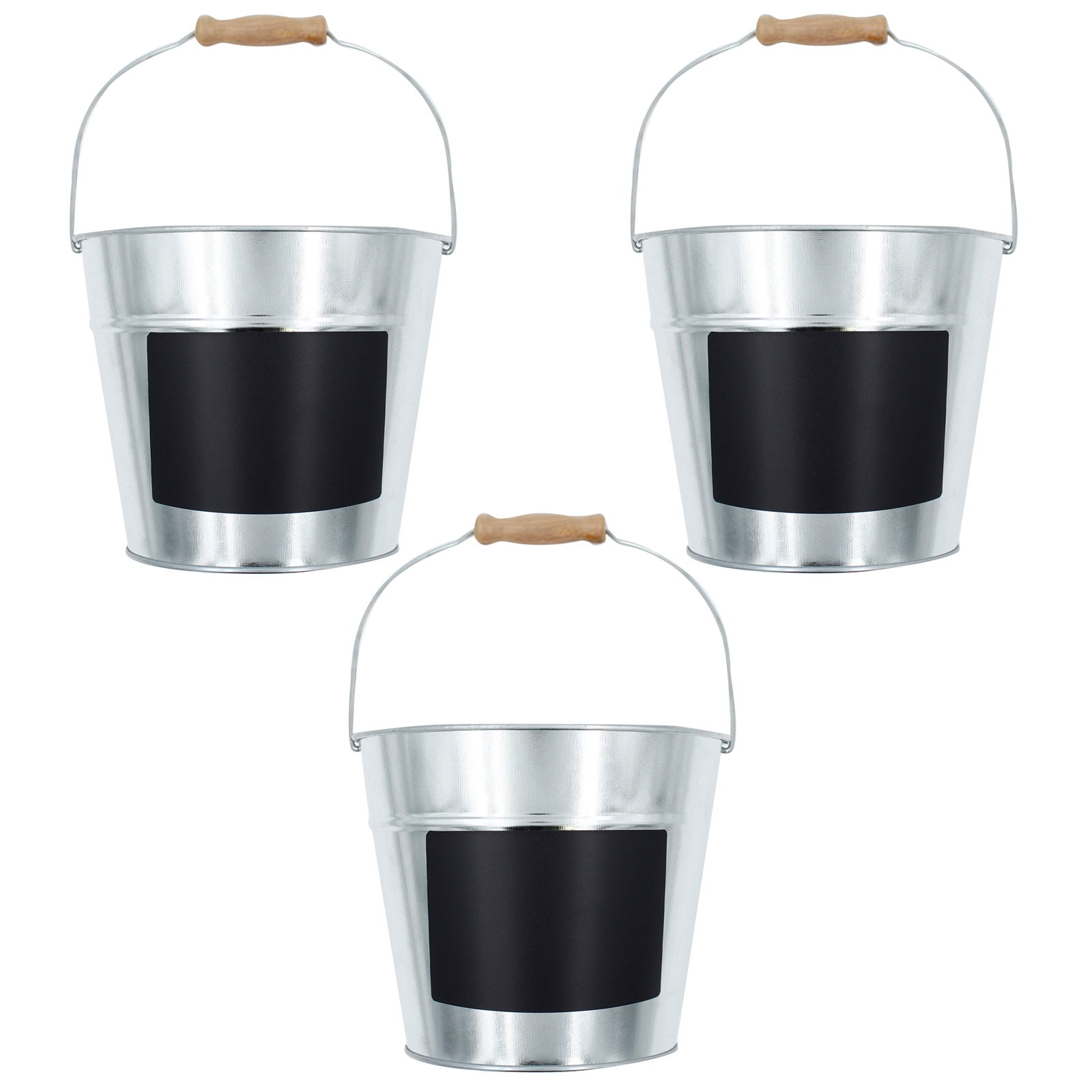 Set of Silver Galvanized Metal Buckets with Chalkboard Labels for DIY