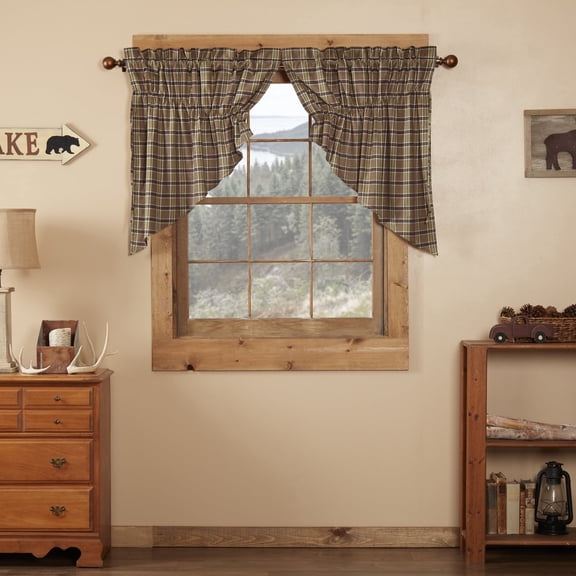 VHC Brands Rustic & Lodge Kitchen Window Curtains-Wyatt Prairie Swag Pair, Khaki Tan