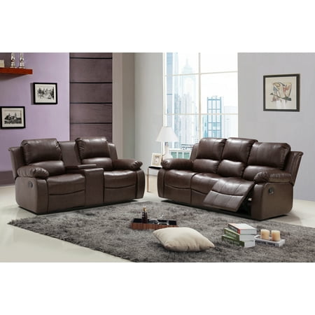 - Algeciras 2 pc Reddish Brown Bonded Leather Living Room Reclining Sofa with Tea Table and Loveseat set with Console