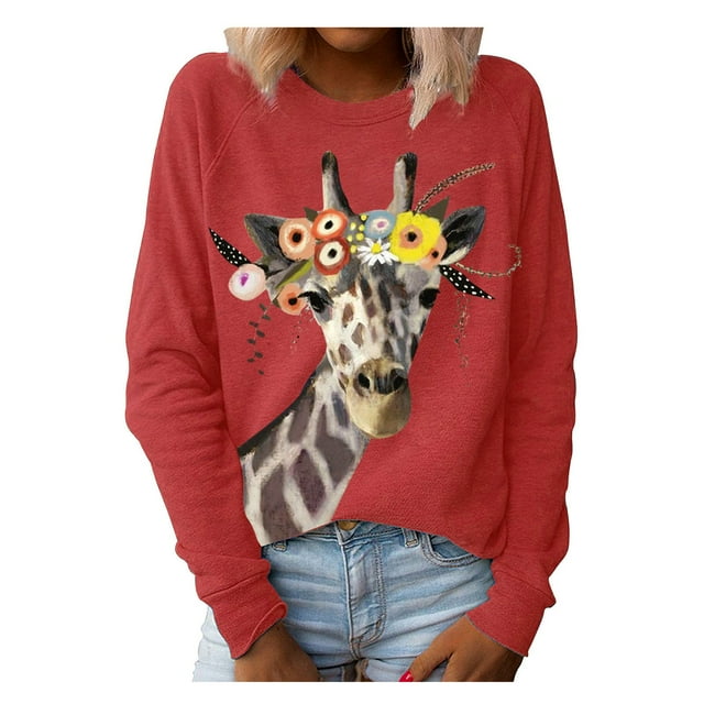 Chandail à Col Rond Imprimé Animal pour Femmes Manches Longues Blouse Décontractée