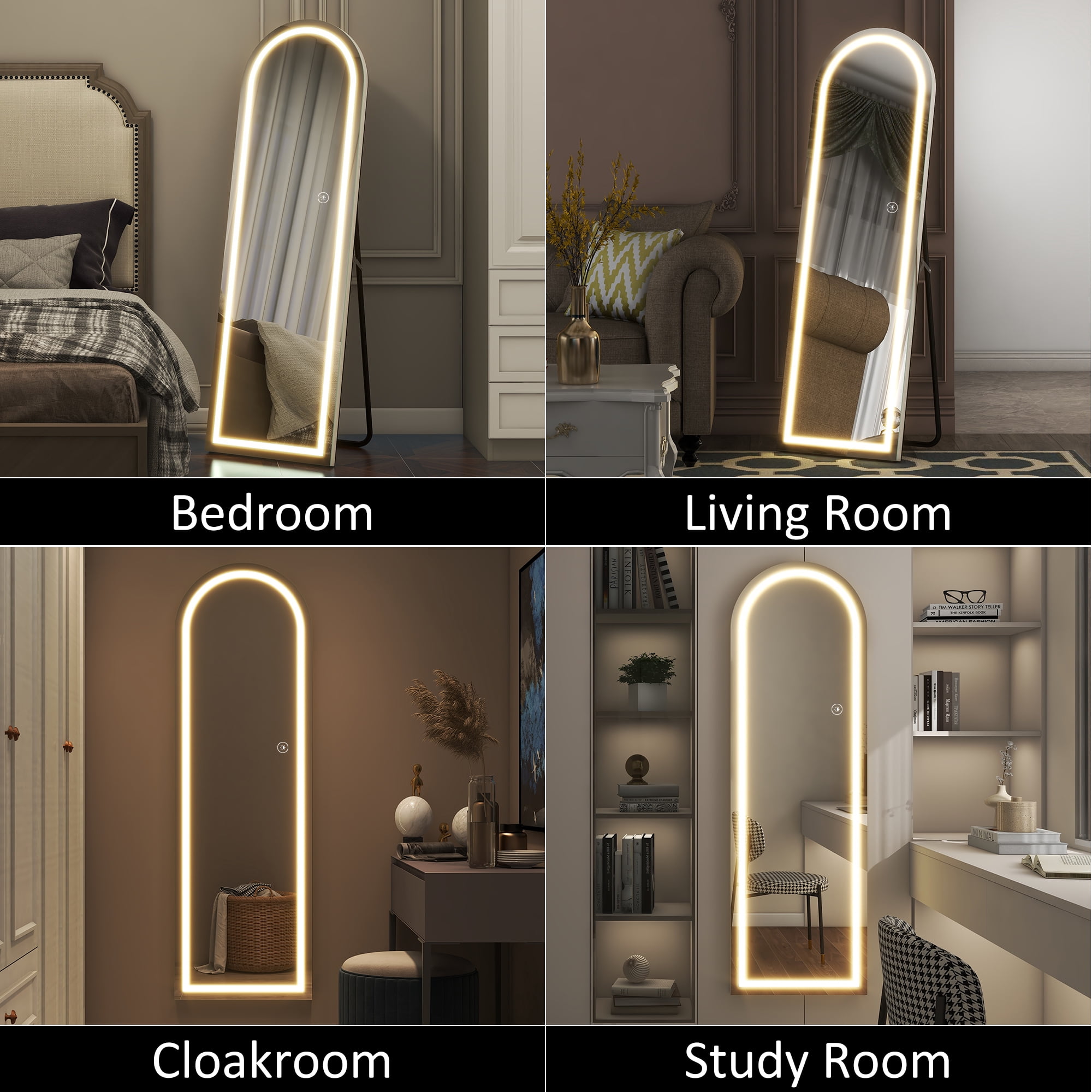 63"x20" LED Floor Mirror Aluminum Alloy Frame Arched Full Length Mirror with Bracket,Black