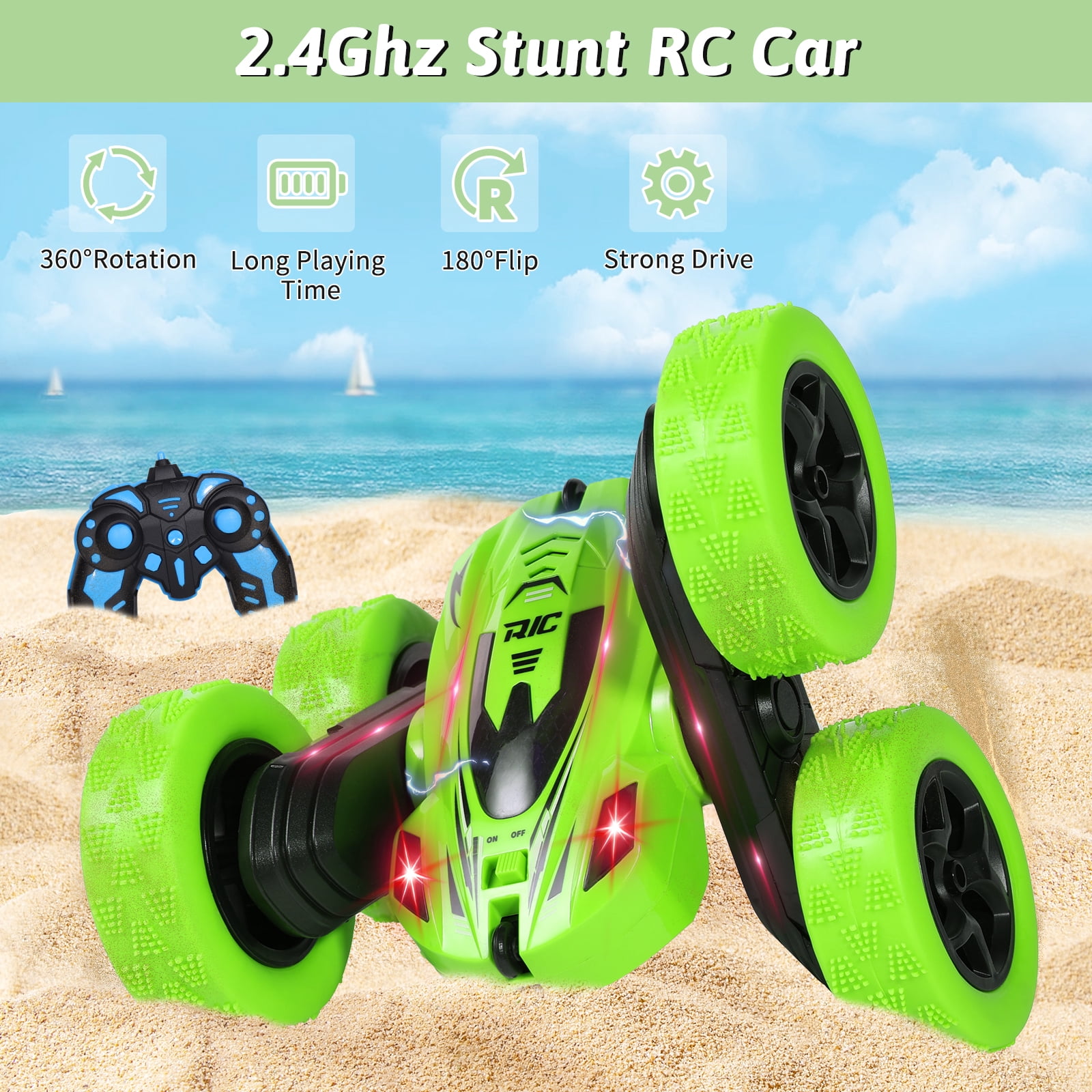 Remote Control Car,360 Flips Rotating Stunt RC Cars,Double Sided RC Car with LED Lights, 2.4Ghz All Terrain Rechargeable Electric Drift Car Birthday Christmas Gift Toys for Kids Boys Girls Green