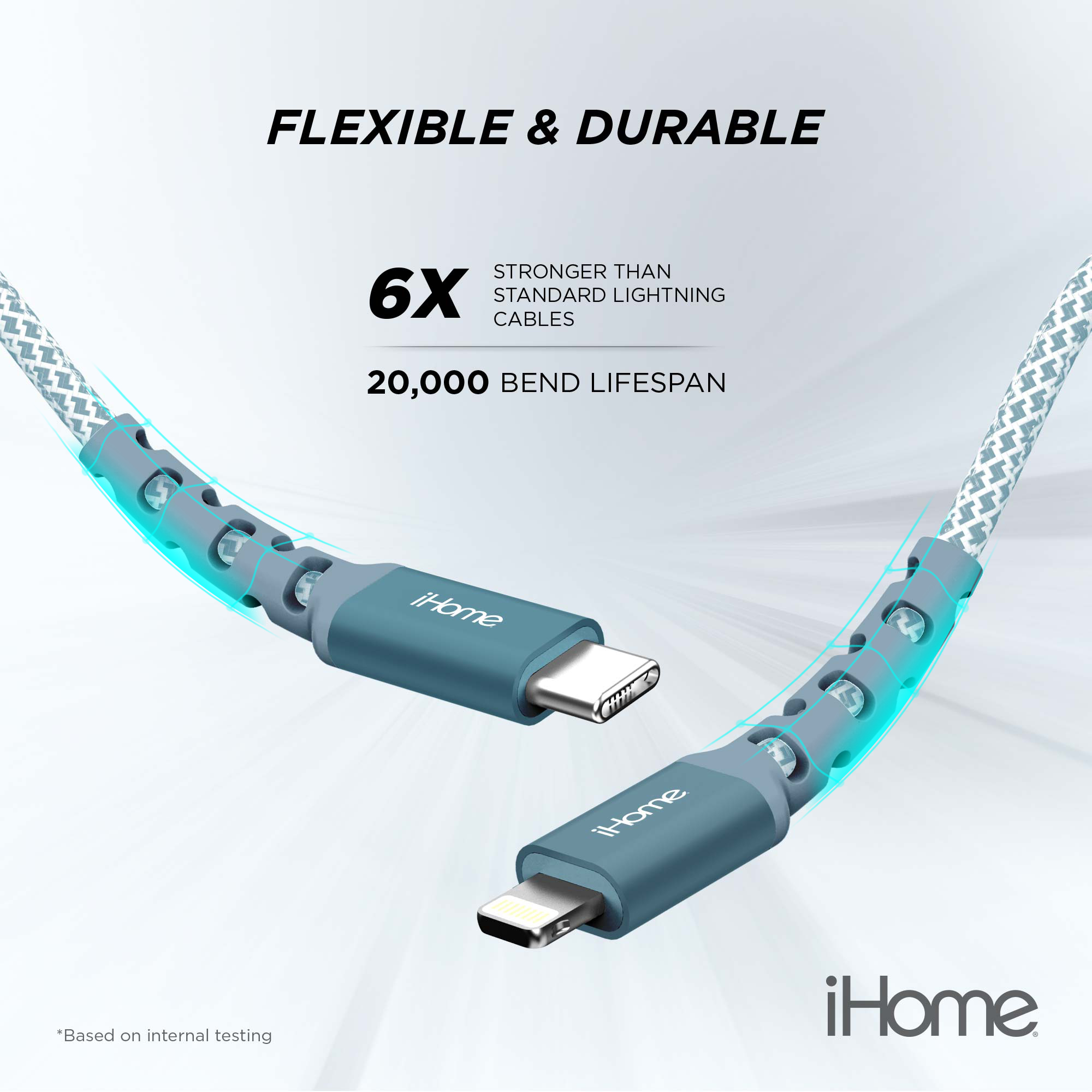 iHome 6 ft USB-C to Lightning Braided Cable, Blue photo 2
