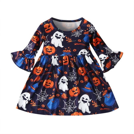 

nsendm Kids Cartoon Girls Pumpkin Halloween Princess Toddler Dress Sleeve Flare Baby Girls Fir And Flare Dress Dress Multicolor 18-24 Months