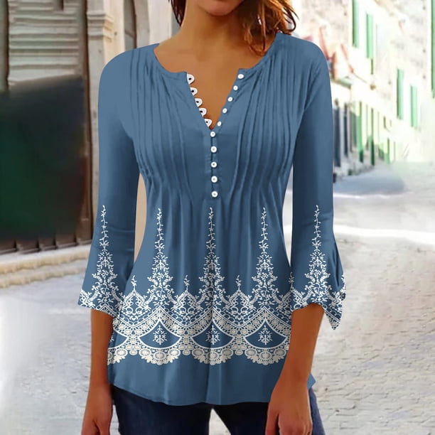 ICHUANYI Clearance Women's Casual Trumpet 3/4 Sleeve Printed Buttoned Basic Ruched Tops Pleated T-shirts Blouses(Navy, XXL) ICHUANYI WER2023081109558