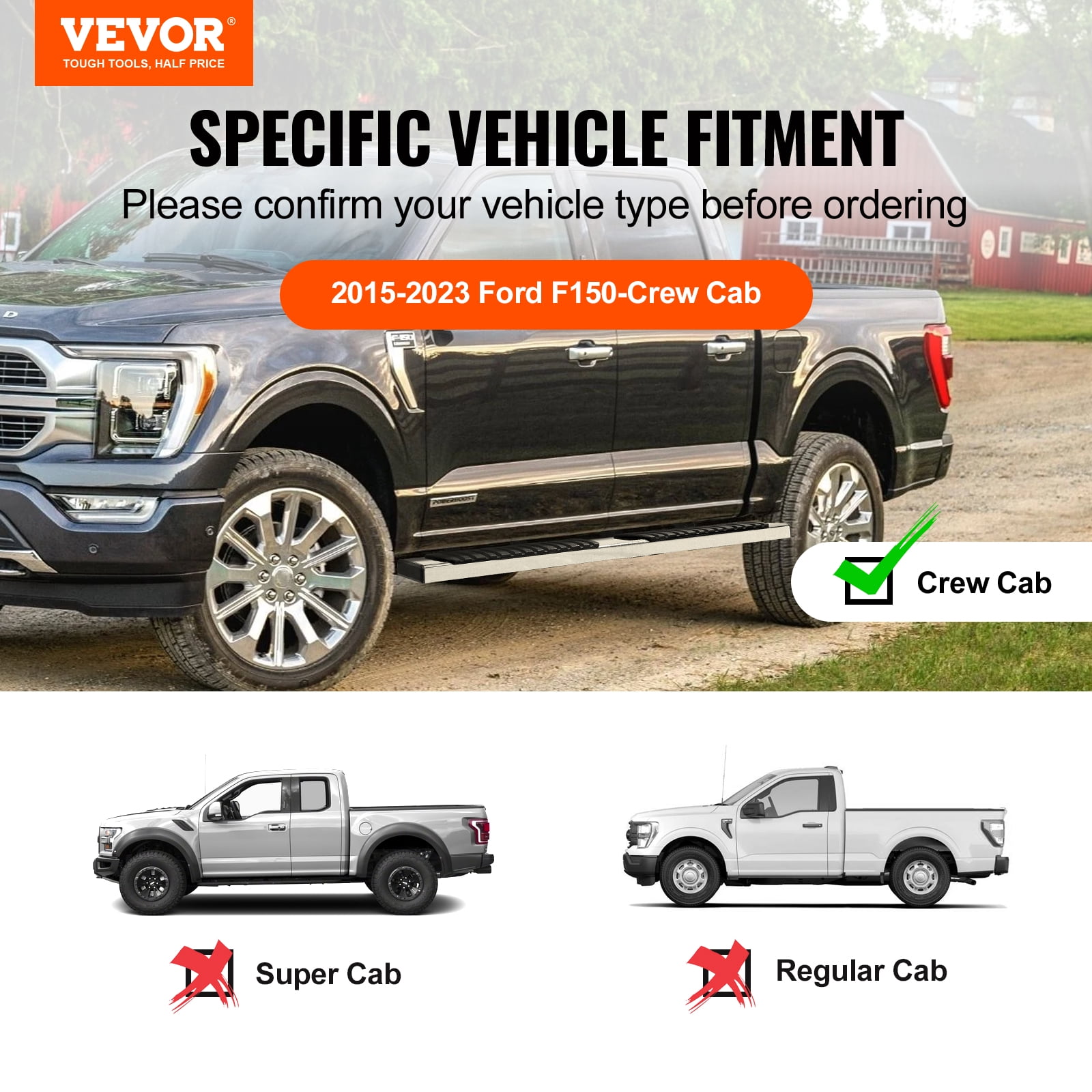 VEVOR Running Boards, 6" Step Bars Compatible with 2015-2023 Ford F150-Crew Cab/2017-2023 Ford F-250 F-350 Super Duty Crew Cab, 201 Stainless Steel Side Steps Nerf Bars, 500LBS Capacity, 2 Piece