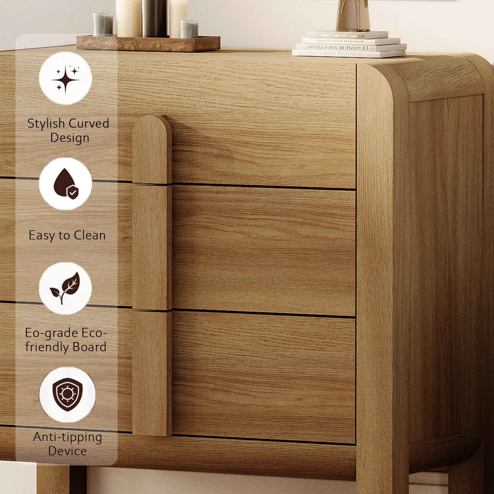 Mid-Century Modern Wood Nightstand with 3 Drawers ,31.5" Large End Table,Curved Bedside Table Storage Cabinet for Bedroom, Living Room,Entryway