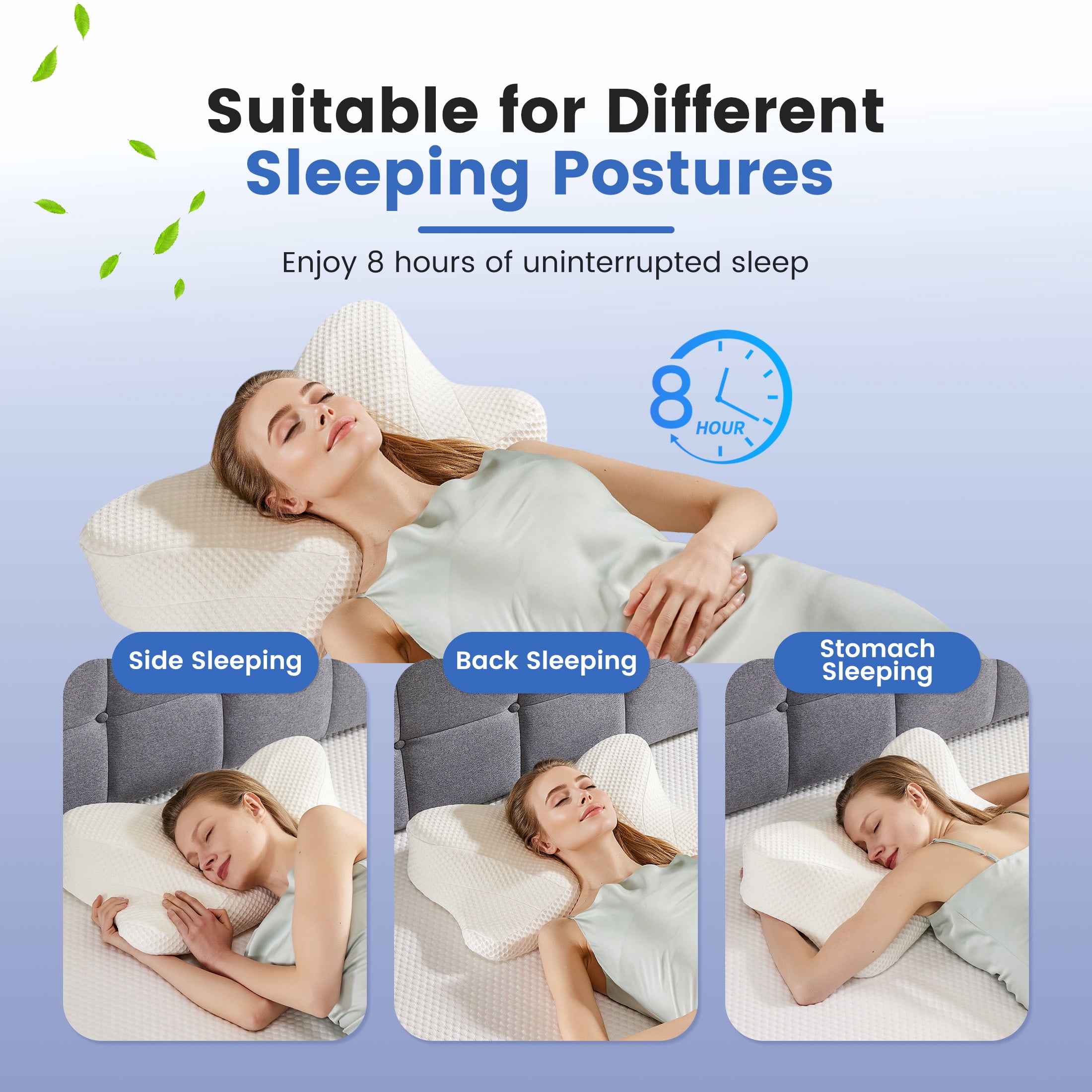 CONCETTA 2 Pack Queen Size Memory Foam Pillows, Ergonomic Contoured Support for Side Back and Stomach Sleepers，White