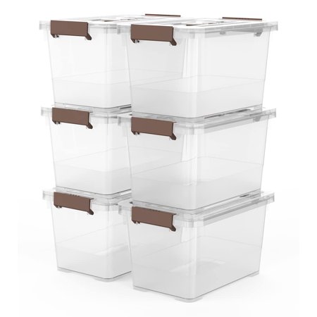 6-Pack 7 Quart Clear Latch Storage Boxes Stackable Plastic Bins with Secure Brown Handles Versatile Organizer for Closet Kitchen Garage Clear