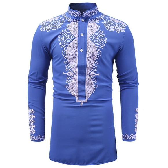 TSADFHJI Men's Dress Shirts Winter Men's Autumn Winter African Print Long Sleeve Dashiki Shirt Top Blouse Xxxl Blue