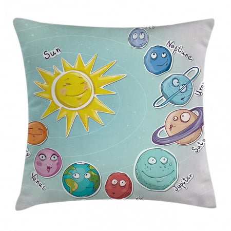 Space Throw Pillow Cushion Cover Cute Cartoon Sun And Planets Of Solar System Fun Celestial Chart Baby Kids Nursery Theme Decorative Square Accent