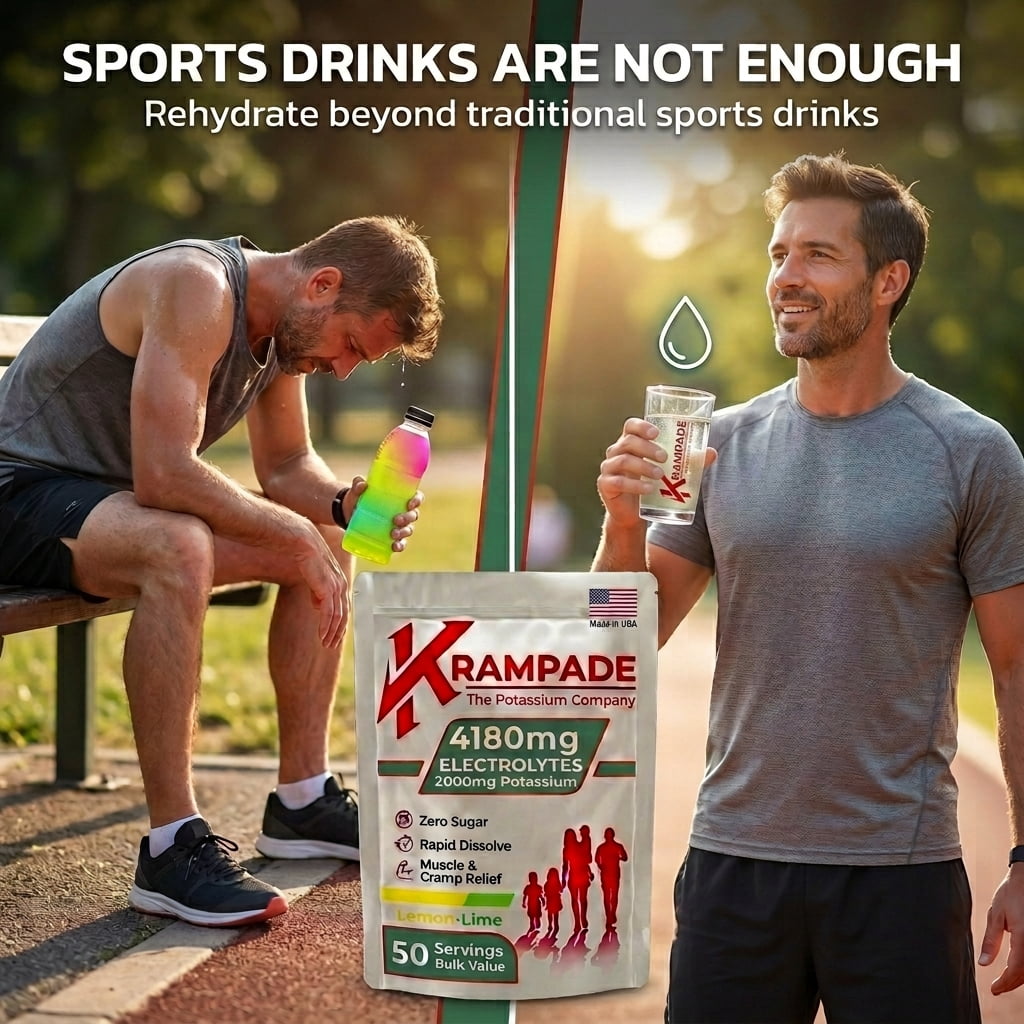 Krampade High Potassium Electrolytes Powder Zero Sugar Lemon Lime, Cramp Relief, Keto, 50 Servings