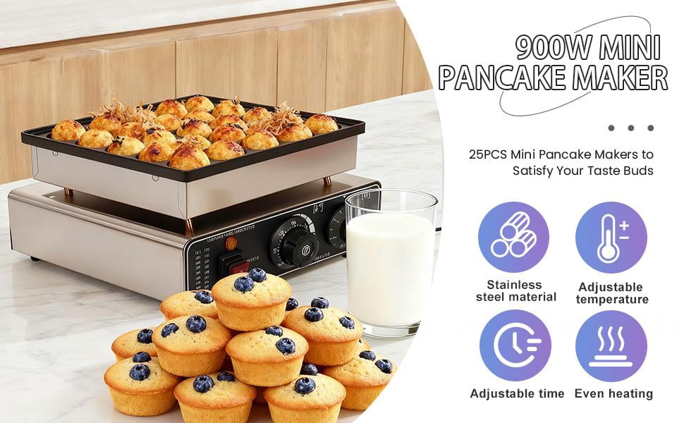 Commercial Mini Dutch Pancake Maker, 25-Cup Dorayaki Maker, Non-Stick Mini Dutch Pancake Pan, Stainless Steel Pancake and Waffle Maker, Electric Hot Cake Maker for Breakfast, Snacks, and Desserts